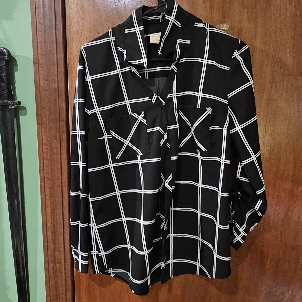 Faded Glory Black and White Windowpane Button-Down Blouse